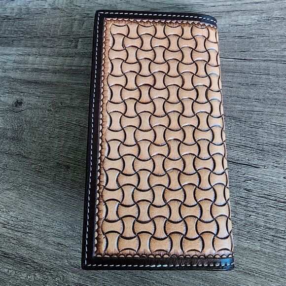 Country Western Floral Tooled Geometric Leather Rodeo Wallet Rawhide Buck Stitch - Picture 2 of 7